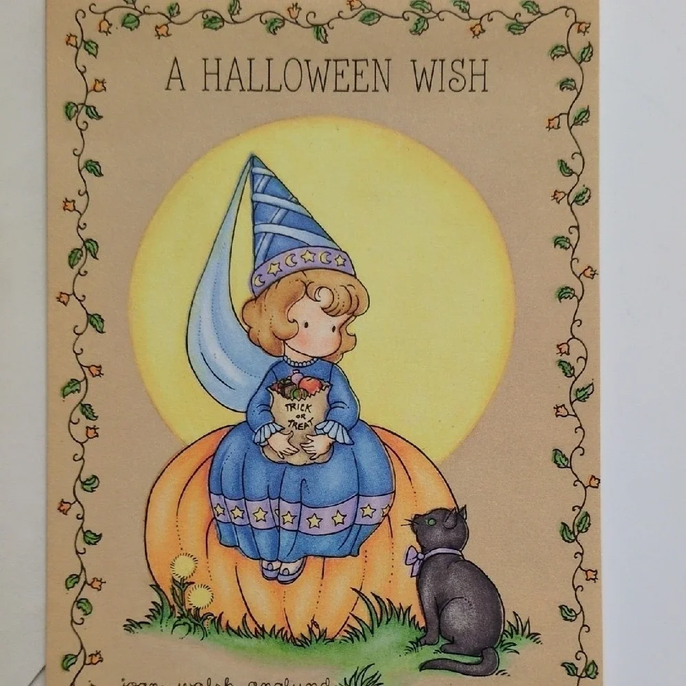 Vtg 80s Hallmark Halloween Greeting Card Black Cat & Princess Trick‎ or Treating
